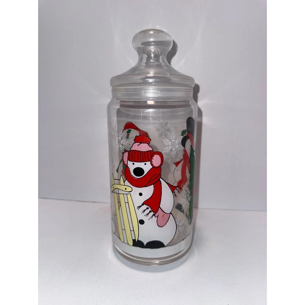 Vintage Luminarc France Christmas Glass Canister Snowman Holiday Storage Jar 9in